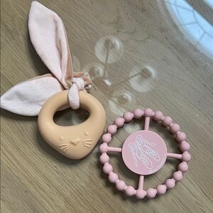 Pink and Tan Bunny Teether and Rattle Set